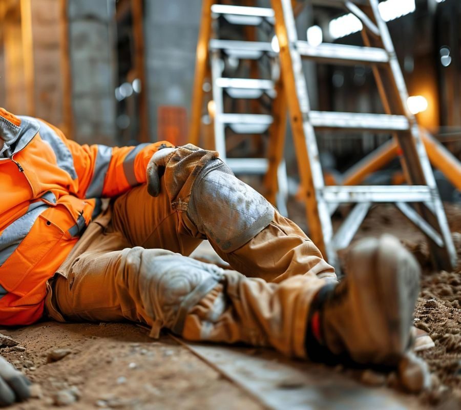 Construction worker holds knee in pain after falling